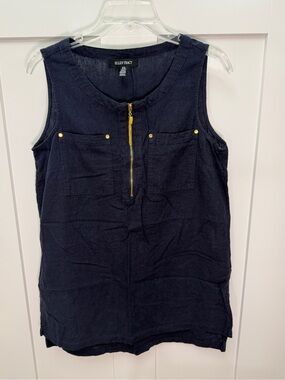 Ellen Tracy Navy Sleeveless Zip-Front Linen-Blend Tank